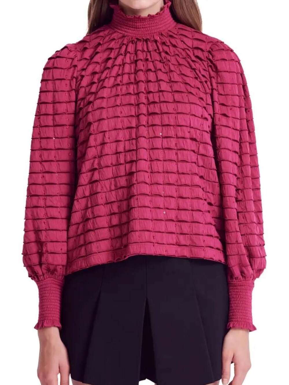 English Factory Tiered Ruffle Mock Neck Jersey Top Berry 1X